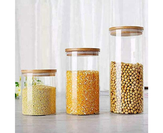 Glass Kitchen Storage Jar with Bamboo Lid, 500 ML, Set of 6